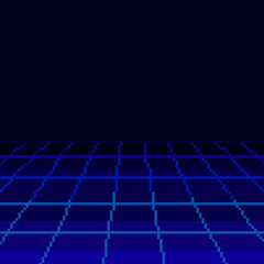Pixel 80s Retro Wave Sci-Fi Background For game. Pixel art 8bit