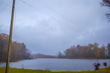 A lake in the Fall in the rain in Georgia