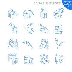 Vaccine related icons. Editable stroke. Thin vector icon set