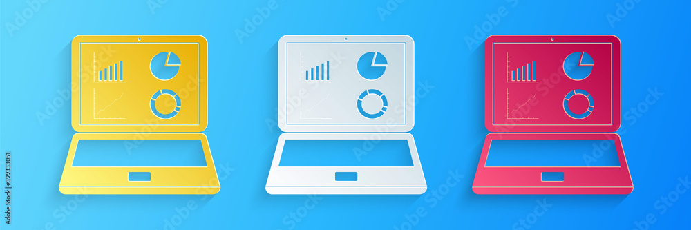 Poster paper cut laptop with graph chart icon isolated on blue background. report text file icon. accountin