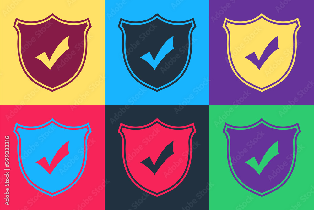 Poster pop art shield with check mark icon isolated on color background. protection symbol. security check 