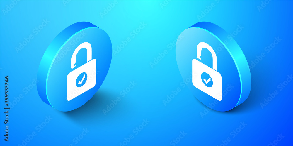 Poster isometric open padlock icon isolated on blue background. opened lock sign. cyber security concept. d
