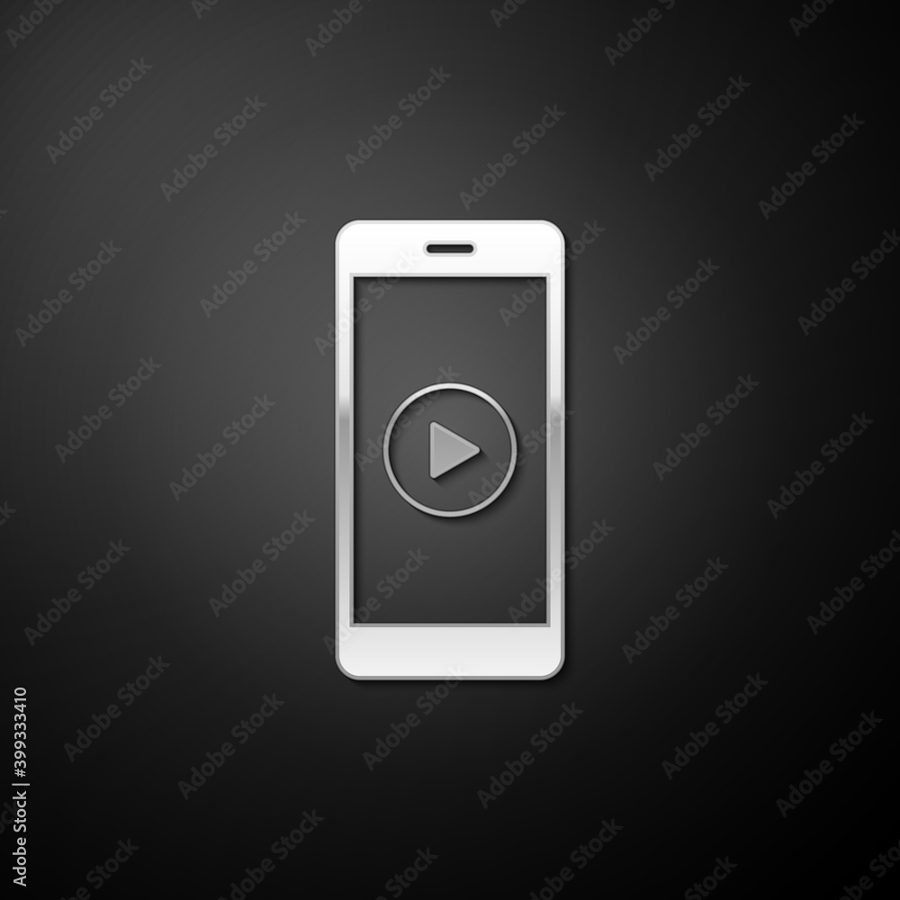Poster silver smartphone with play button on the screen icon isolated on black background. long shadow styl