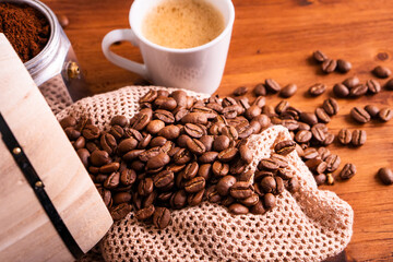 Homemade cafe fresh hot espresso in steam white mug cup brew from organic sustainable coffee shop drink roasted brown bean with recycle disposable paper package with refresh aroma