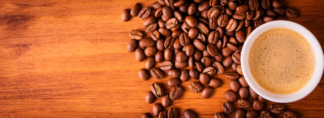 Fresh cafe for morning breakfast refresh caffeine white cup roasted organic coffee bean farm in vintage wood grinder classic metal coffee pot for black espresso and cream milk cappuccino latte