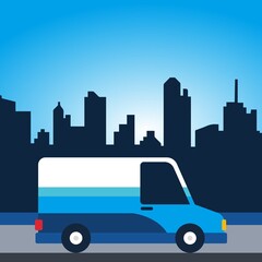 Delivery van at city. Flat illustration background.