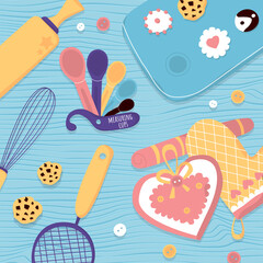 Top view baking essentials and tools on wooden desk