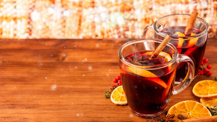 German tradition winter Christmas market new year holidays festival drink tea Gluhwein Mulled sweet hot warm red Wine with spices citrus aromatic cinnamon star anise