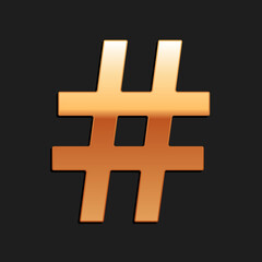 Gold Hashtag icon isolated on black background. Social media symbol. Modern UI website navigation. Long shadow style. Vector.