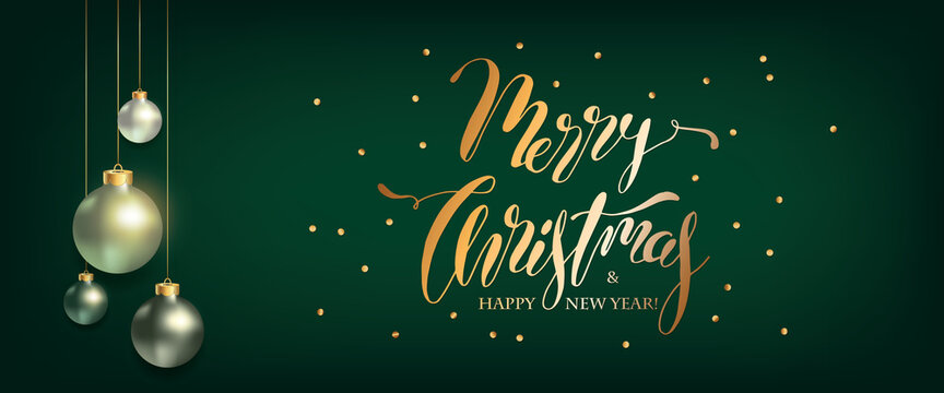 Merry Christmas Lettering greeting banner. Xmas Balls hanging on green background with gold confetti. Elegant Winter Holidays Design