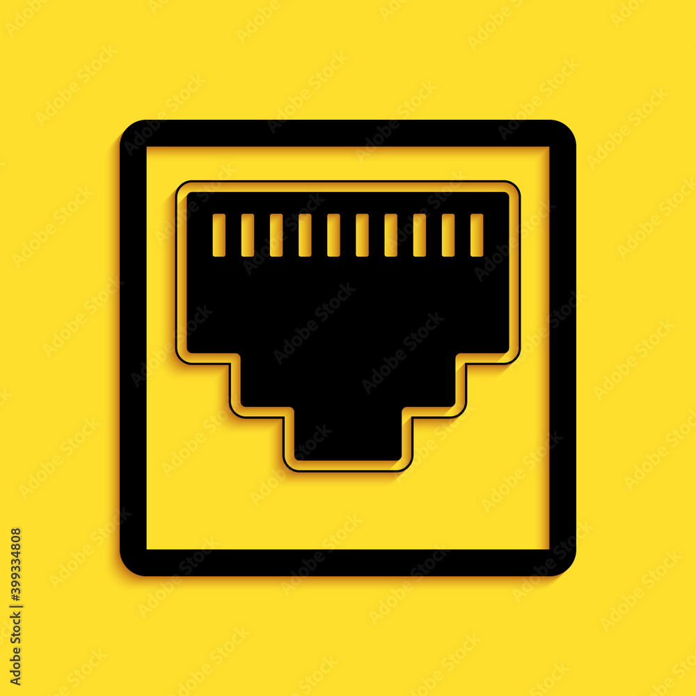 Poster black network port - cable socket icon isolated on yellow background. lan port icon. ethernet simple