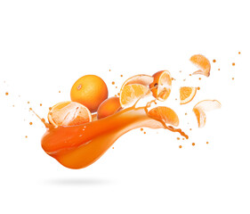 Chopped tangerines with splash of fresh juice on a white background