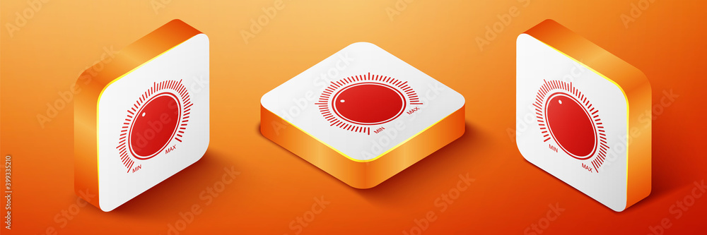 Poster isometric dial knob level technology settings icon isolated on orange background. volume button, sou