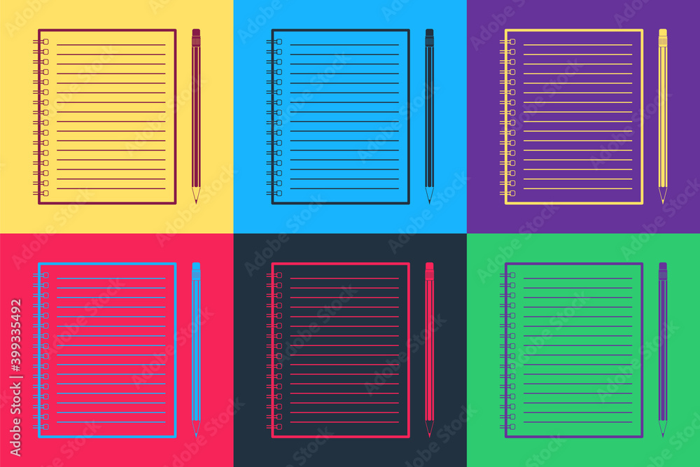 Aufkleber pop art blank notebook and pencil with eraser icon isolated on color background. vector.