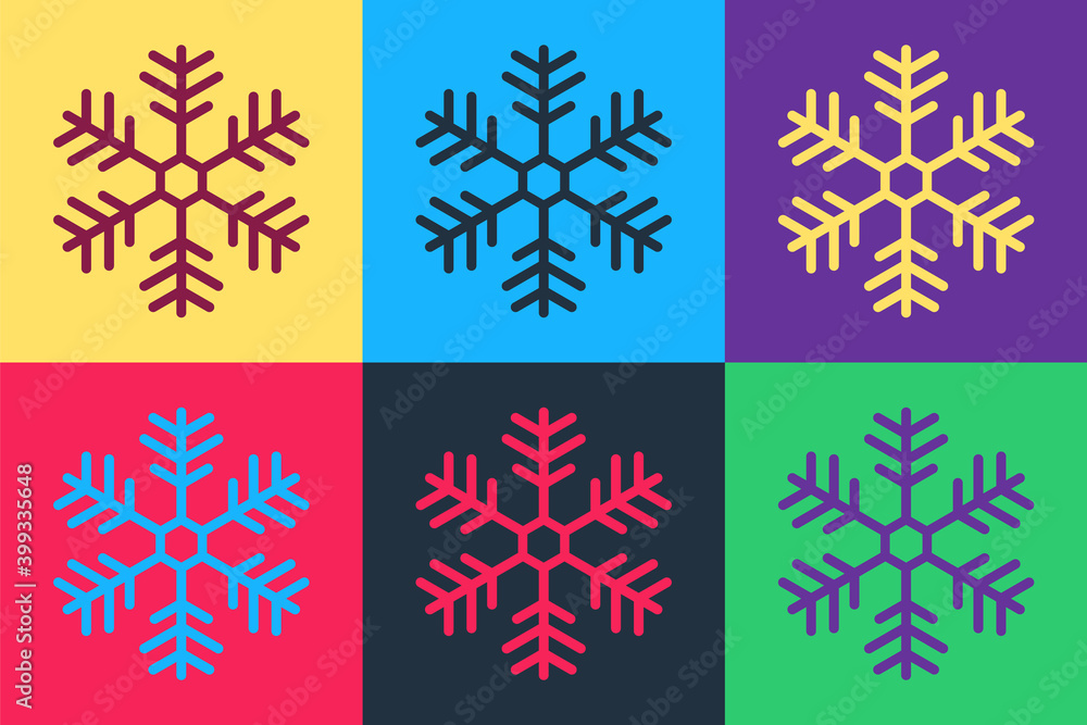 Poster pop art snowflake icon isolated on color background. vector.