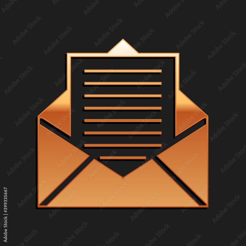 Poster gold mail and e-mail icon isolated on black background. envelope symbol e-mail. email message sign. 