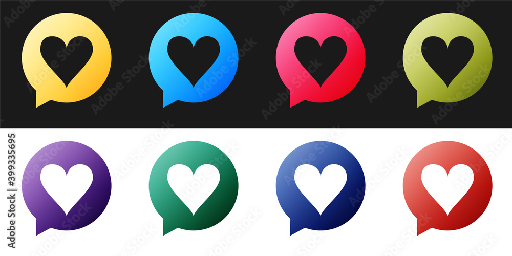 Poster set heart in speech bubble icon isolated on black and white background. heart shape in message bubbl