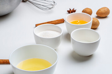 Cooking Christmas and  New Year chocolate cookies or gingerbread. Traditional festive baking, bake with kids. Step1 Ingredients: chocolate, flour, honey, egg, sugar, milk. Step by step recipe