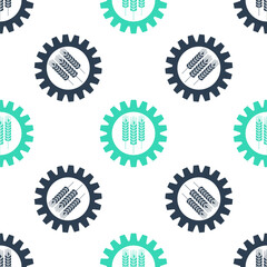 Green Wheat and gear icon isolated seamless pattern on white background. Agriculture symbol with cereal grains and industrial gears. Industrial and agricultural. Vector.