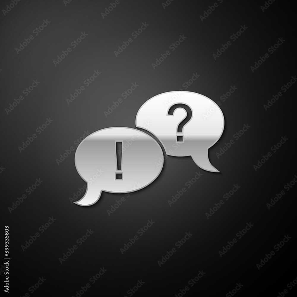 Poster silver speech bubbles with question and exclamation marks icon isolated on black background. faq sig