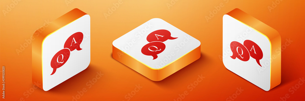 Poster isometric question and answer mark in speech bubble icon isolated on orange background. q and a symb