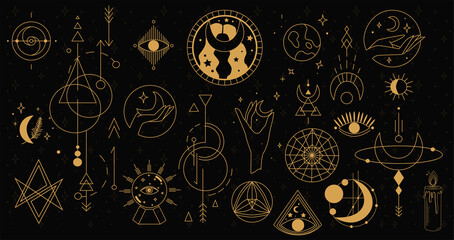 Collection of Mystical and Mysterious objects in vintage boho style. Esoteric symbols. Minimalistic objects made in the style of one line. Thin line geometric badge. Alchemy or sacred geometry.