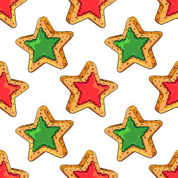 Seamless pattern of star shaped cookies with two-color icing. Colorful vector illustration for your Christmas, New Year, birthday, food fests and other parties designs, menus, package, etc.