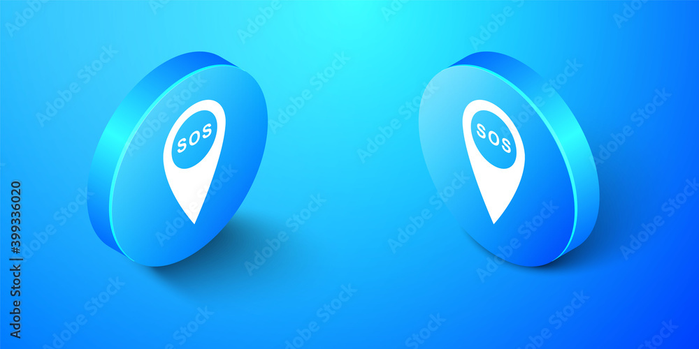 Poster isometric marker location with sos icon isolated on blue background. sos call location marker. map p