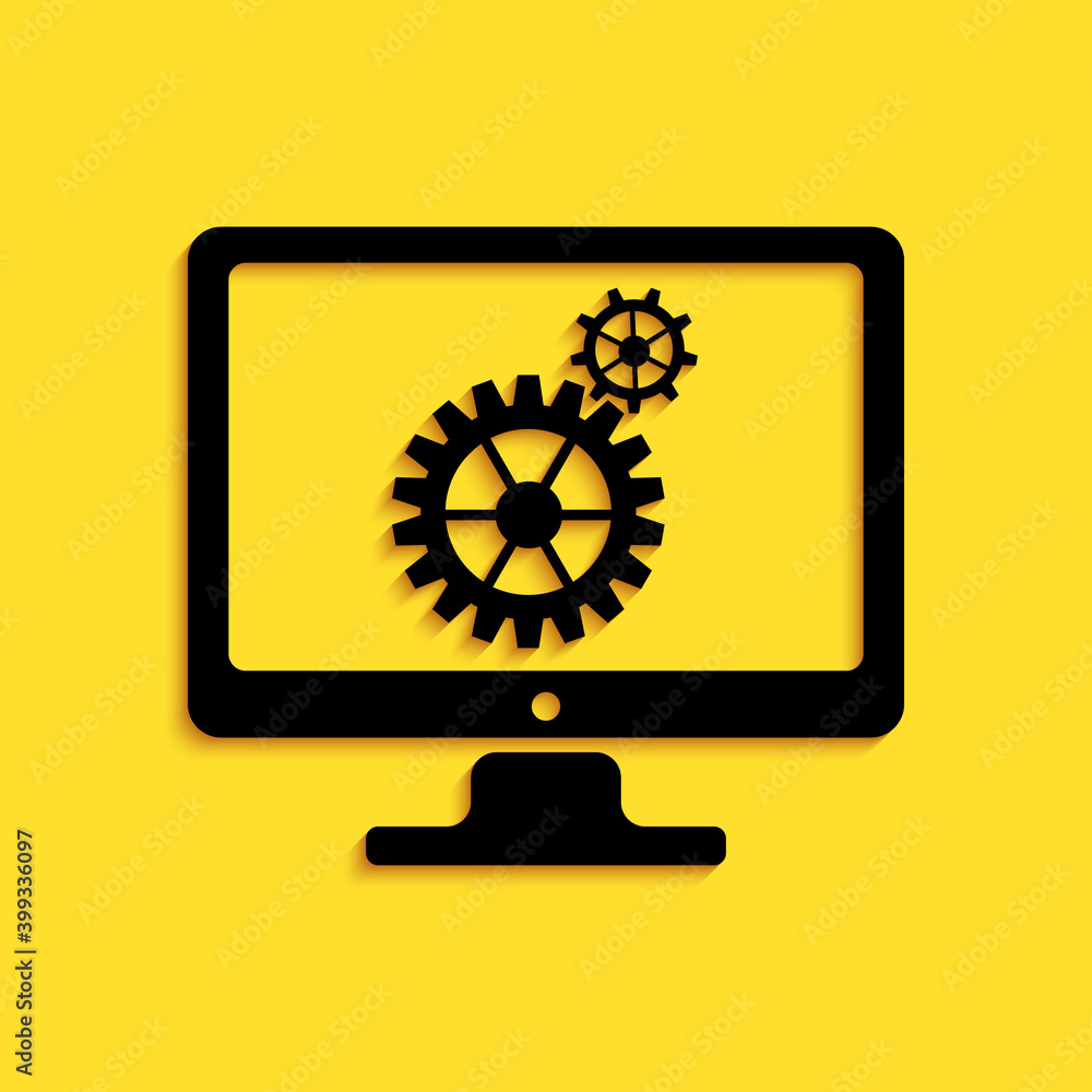 Poster black computer monitor and gears icon isolated on yellow background. adjusting app, service, setting