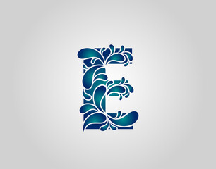 Water Splash Letter E Logo Icon, water droplets and splash alphabet icon.