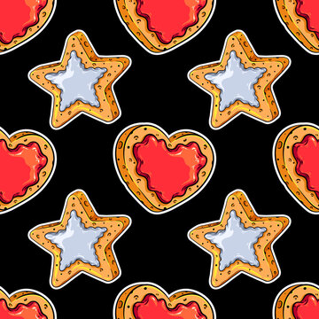 Seamless pattern of heart and star shaped cookies on dark background. Colorful vector illustration for your Christmas, New Year, birthday, food fests and other parties designs, menus, package, etc.