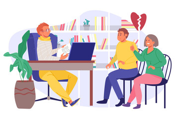 Psychologist listen to family problem, psychology therapy for man woman couple, vector illustration. Psychotherapy help for patient people character. Psychotherapist help cartoon female male person.