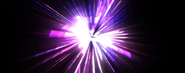 Futuristic lens flare. Light explosion star with glowing particles and lines. Beautiful abstract rays background.