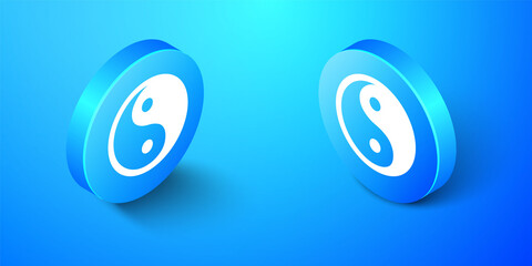 Isometric Yin Yang symbol of harmony and balance icon isolated on blue background. Blue circle button. Vector.