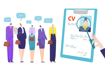Job recruitment with cv, business interview by candidate resume, vector illustration. Employee human people want career work, hr management and employment. Person hire design concept.