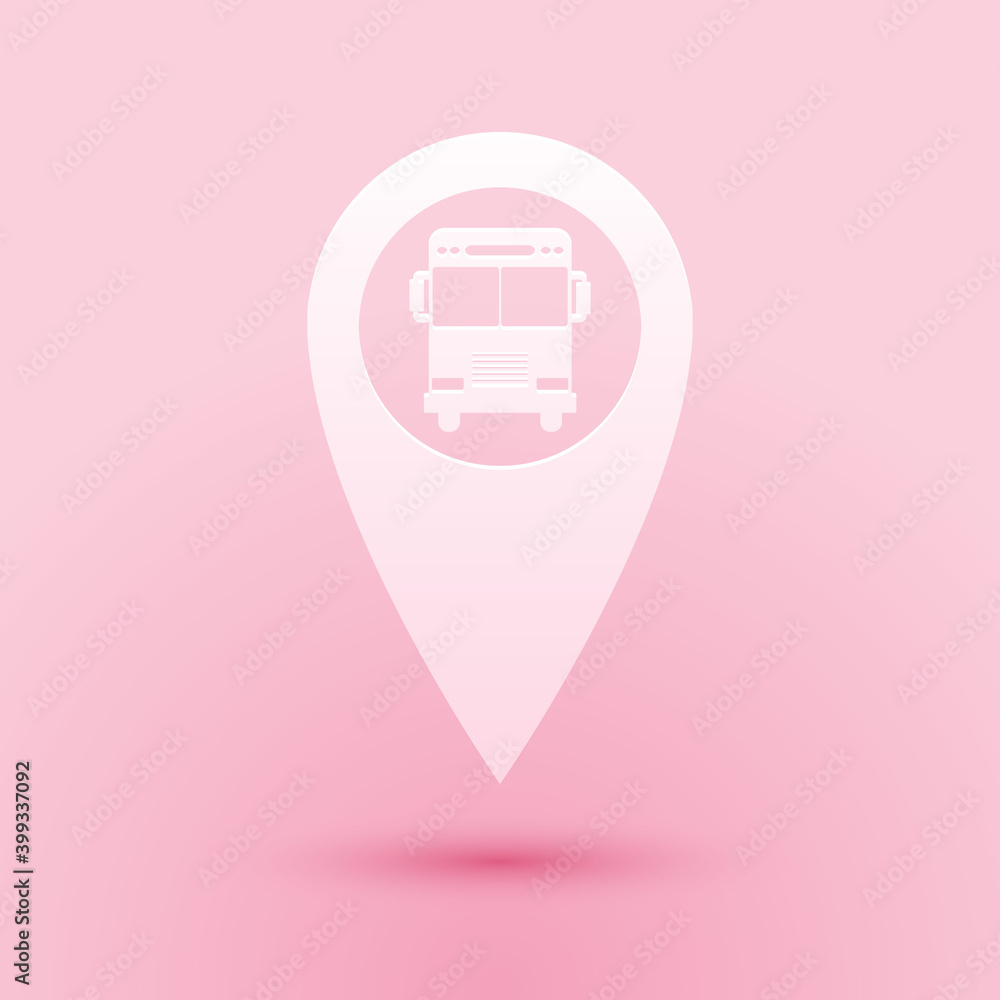 Poster paper cut map pointer with bus icon isolated on pink background. paper art style. vector.