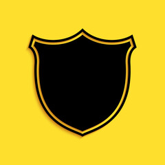 Black Shield security icon isolated on yellow background. Protection, safety, security concept. Firewall access privacy sign. Long shadow style. Vector.