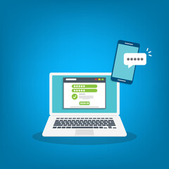 Successful web browser Login page on Laptop Screen with password form and smartphone password confirmation . Security, personal access, user authorization.