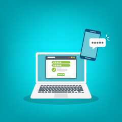 Successful web browser Login page on Laptop Screen with password form and smartphone password confirmation . Security, personal access, user authorization.