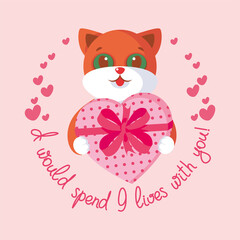 Valentine's Day greeting card with a cute ginger cat holding a box of chocolates. Original hand lettering