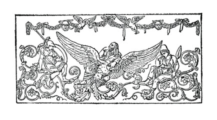 Man angel complex scrolls artwork, ancient times, vintage line art  drawing,