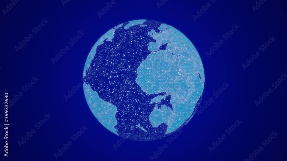 Poster rotating world globe from particles. hud. digital planet earth animation