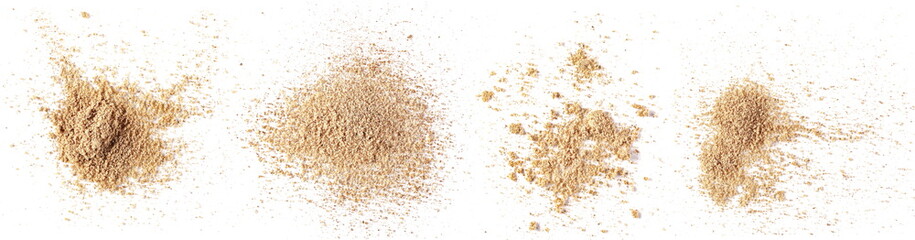 Fototapeta na wymiar Set ground, milled nutmeg powder isolated on white background and texture, top view 