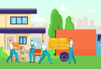 Delivery service, man worker people at cartoon box transportation, house furniture relocation vector illustration. Person character moving flat things to new home from vehicle, car, truck.