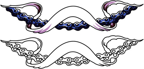 Metal motorcycle chains in silhouette style with a ribbon. Graphic design of logo, emblem, symbol, sign, badge, label, print, isolated on white background.