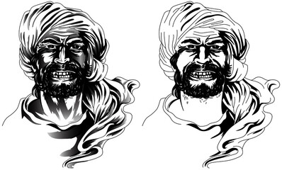 Muslim face in ethnic headdress. Hand drawn sketch vector illustration in tattoo style.