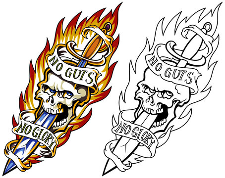 Skull pierced by a steel dagger. Against the background of a fiery flame. The motto "No courage" - "No glory" on the tape. Retro style tattoo. Vector illustration
