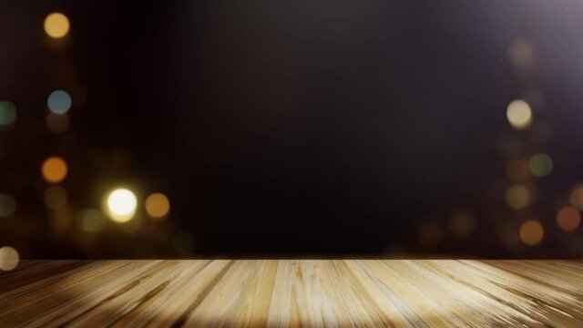 Wooden table with defocused Christmas lights on the dark background. New year and christmas 2026/2025. Loop 3D 4K animation.