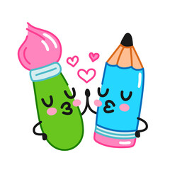 Cute funny brush and pencil. Vector flat