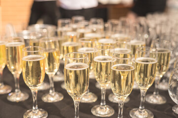Close up of glasses of champagne on the table with shallow depth of field